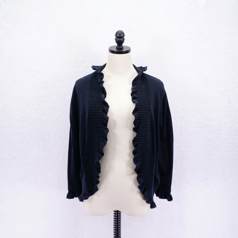 International‎ Concepts -1X- Black Ruffled Pleated Cardigan Sweater Ribbed Knit